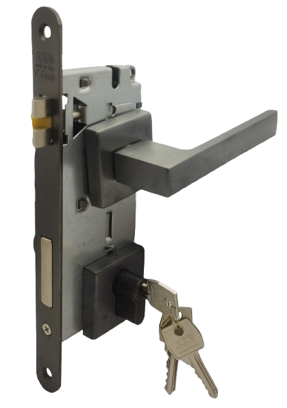 PUERTA PRINCIPAL DERECHA: Manilla QMini Grafito PVD Derecha, Cerradura Seguridad y Cilindro Llave/Llave AGB (Italia)