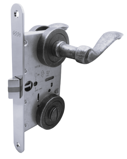 BAÑO: Par Manillas Apollo Acero Antiguo Seguro Emergencia y Cerradura AGB (Italia)