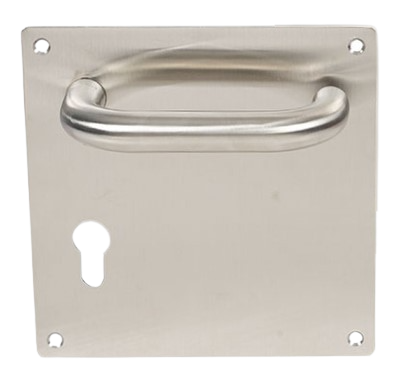 PLACA 15 X 15 CON MANILLA 810 INOX 304 Y PERFORACION LLAVE SEGURIDAD DERECHA